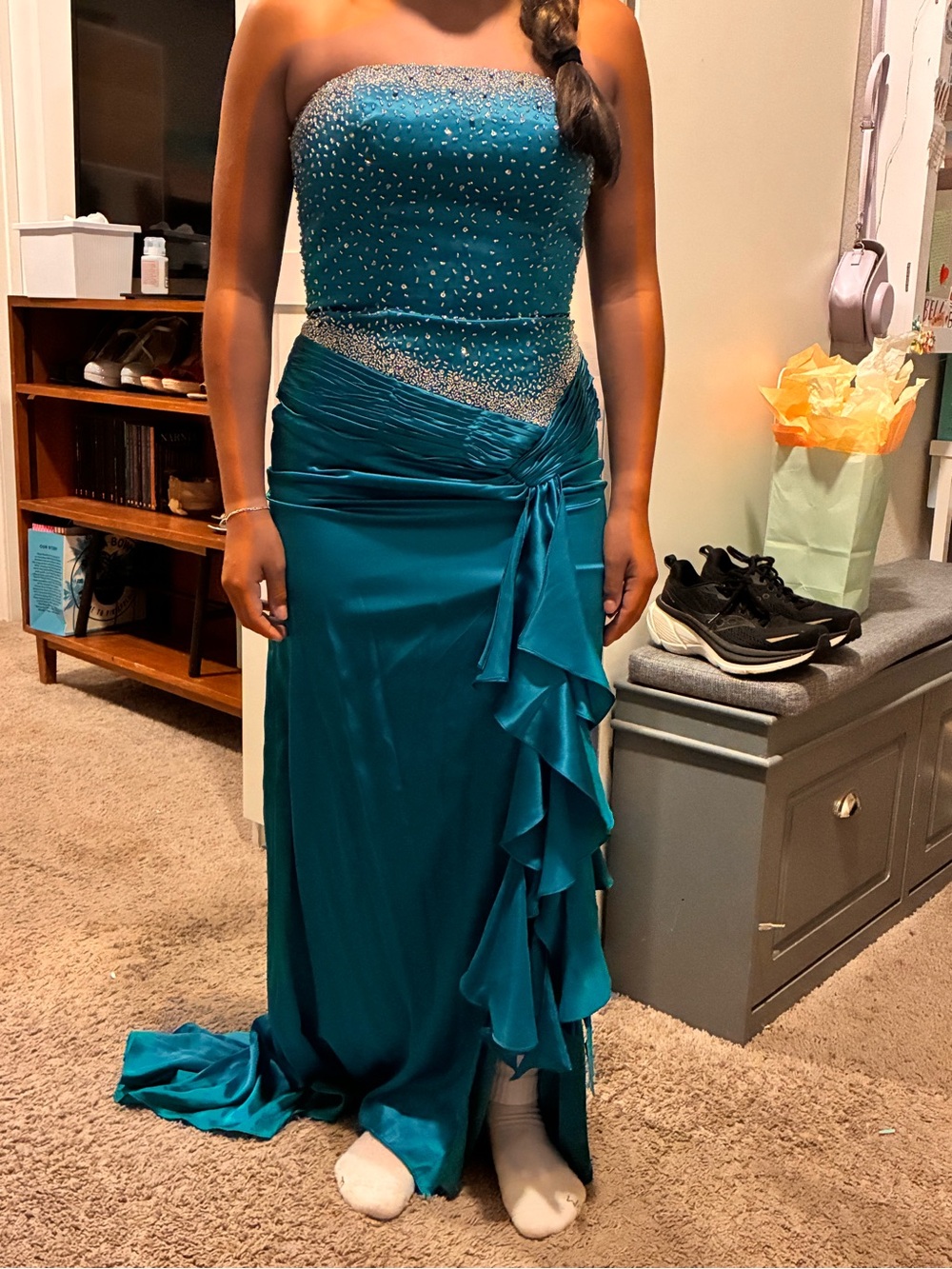 Precious Formals Teal Strapless Evening Dress with Beaded Bodice